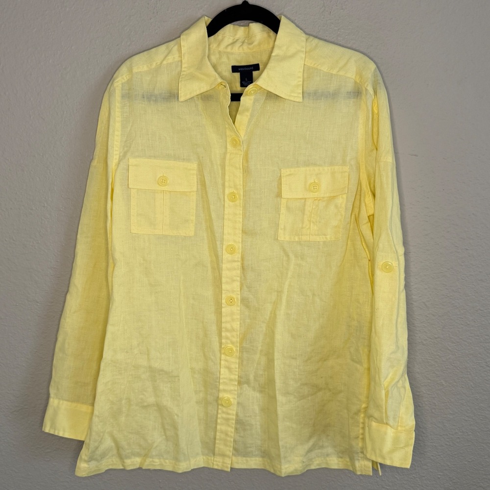 Coastal Restort Butter Yellow Linen Roll Tab Shirt Womens Large Fisherman Bright - Picture 1 of 7